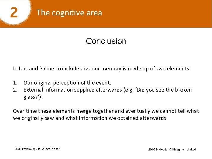The cognitive area Conclusion Loftus and Palmer conclude that our memory is made up