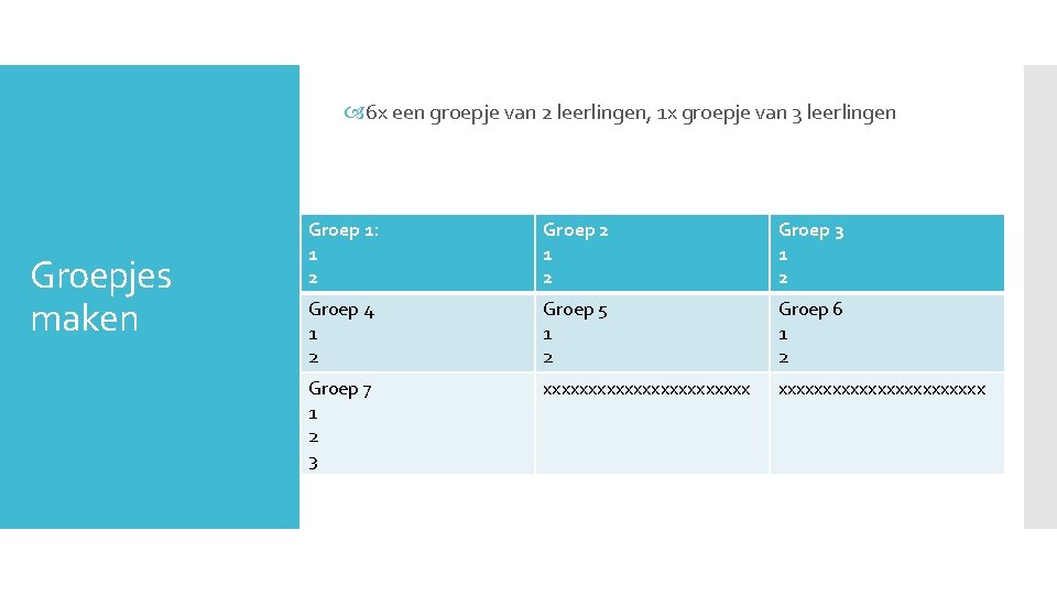  6 x een groepje van 2 leerlingen, 1 x groepje van 3 leerlingen