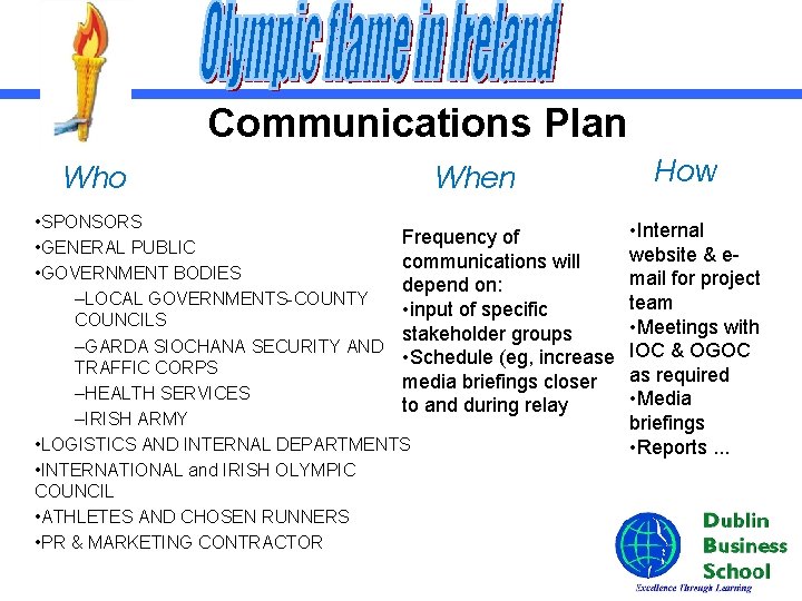 Communications Plan Who When • SPONSORS Frequency of • GENERAL PUBLIC communications will •