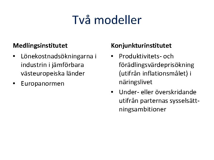 Två modeller Medlingsinstitutet Konjunkturinstitutet • Lönekostnadsökningarna i industrin i jämförbara västeuropeiska länder • Europanormen