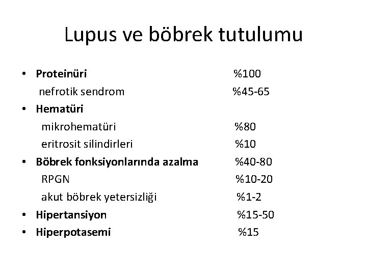 Lupus ve böbrek tutulumu • Proteinüri nefrotik sendrom • Hematüri mikrohematüri eritrosit silindirleri •