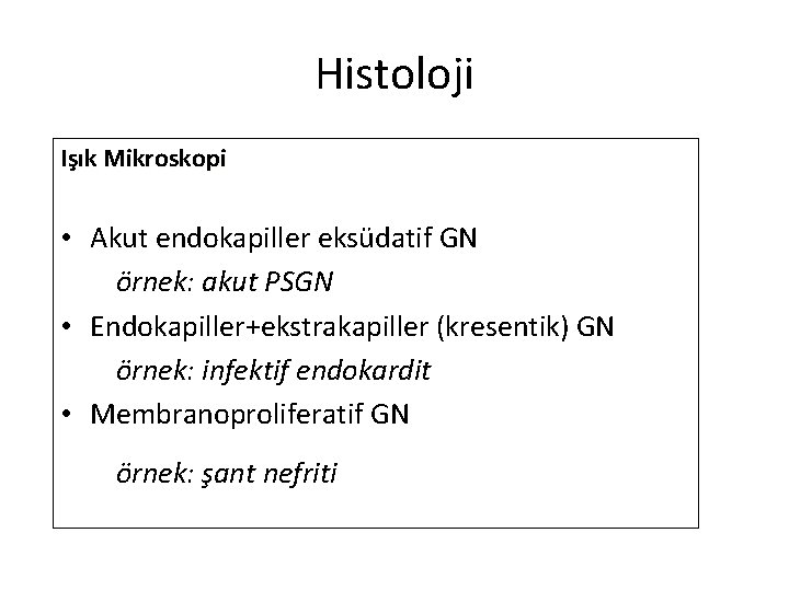 Histoloji Işık Mikroskopi • Akut endokapiller eksüdatif GN örnek: akut PSGN • Endokapiller+ekstrakapiller (kresentik)