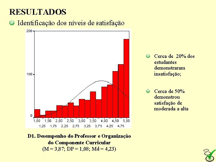 RESULTADOS Identificação dos níveis de satisfação Cerca de 20% dos estudantes demonstraram insatisfação; Cerca