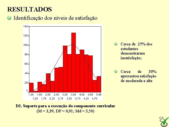 RESULTADOS Identificação dos níveis de satisfação Cerca de 25% dos estudantes demonstraram insatisfação; Cerca