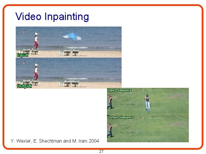 Video Inpainting Y. Wexler, E. Shechtman and M. Irani 2004 27 