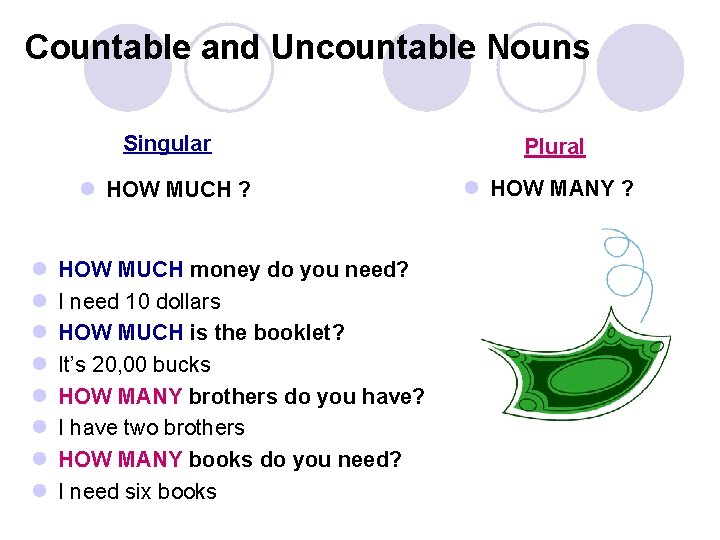 Countable and Uncountable Nouns l l l l Singular Plural l HOW MUCH ?