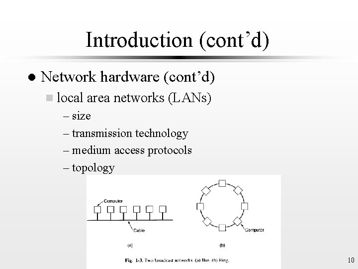 Introduction (cont’d) l Network hardware (cont’d) n local area networks (LANs) – size –