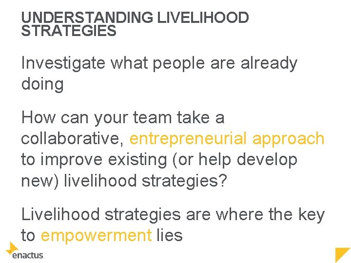 UNDERSTANDING LIVELIHOOD STRATEGIES Investigate what people are already doing How can your team take