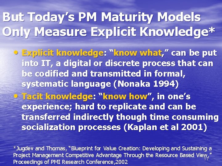 But Today’s PM Maturity Models Only Measure Explicit Knowledge* • Explicit knowledge: “know what,