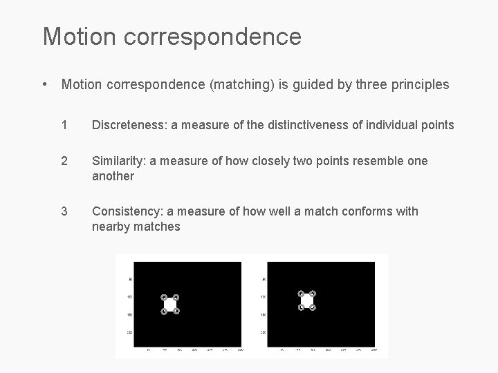 Motion correspondence • Motion correspondence (matching) is guided by three principles 1 Discreteness: a