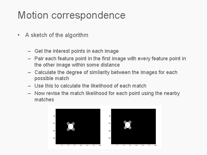 Motion correspondence • A sketch of the algorithm – Get the interest points in