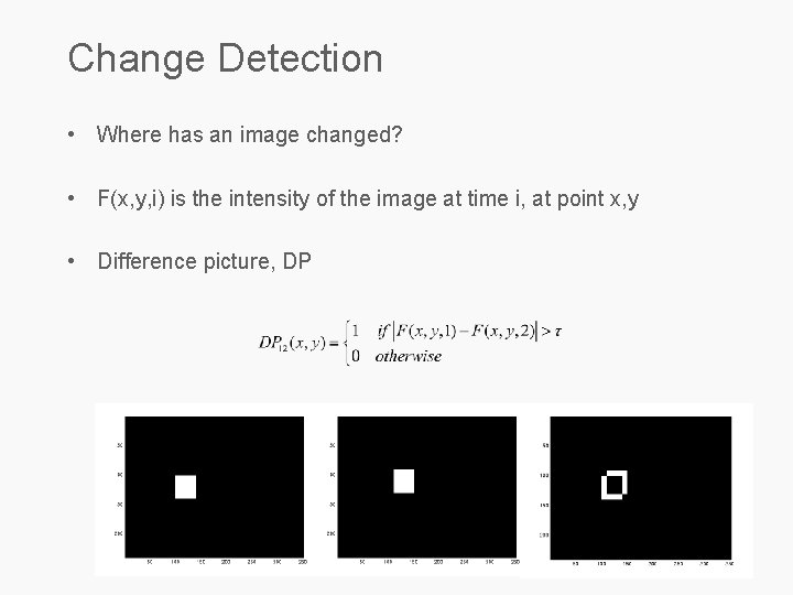 Change Detection • Where has an image changed? • F(x, y, i) is the