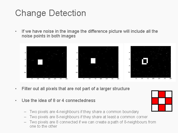 Change Detection • If we have noise in the image the difference picture will