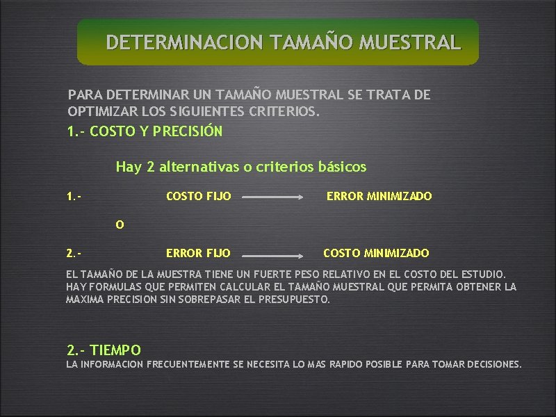 DETERMINACION TAMAÑO MUESTRAL PARA DETERMINAR UN TAMAÑO MUESTRAL SE TRATA DE OPTIMIZAR LOS SIGUIENTES