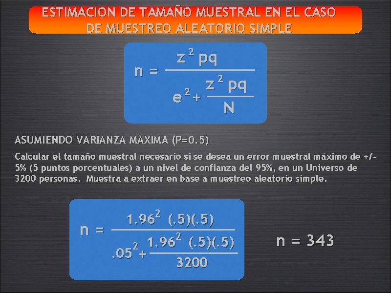 ESTIMACION DE TAMAÑO MUESTRAL EN EL CASO DE MUESTREO ALEATORIO SIMPLE n= z 2