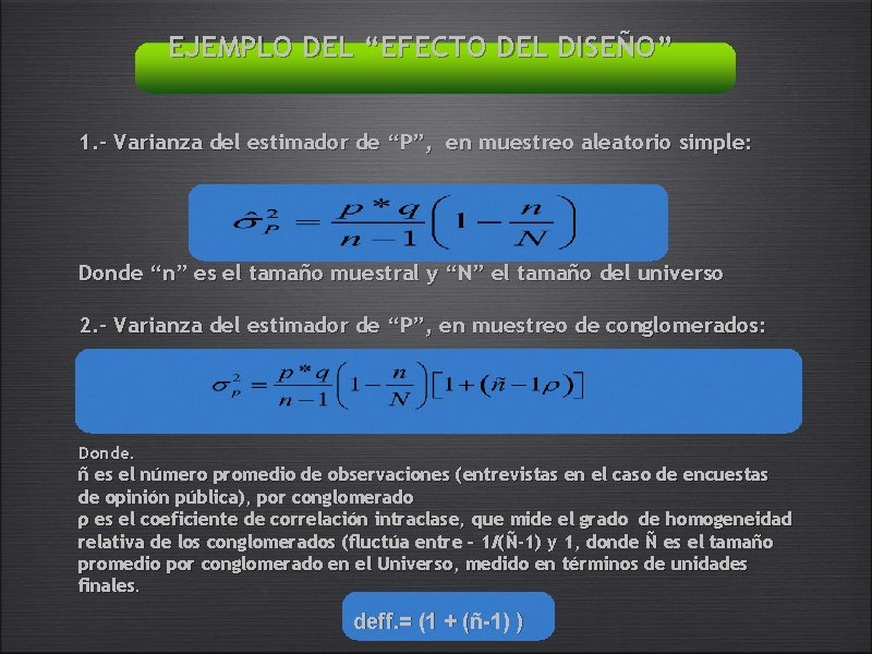 EJEMPLO DEL “EFECTO DEL DISEÑO” 1. - Varianza del estimador de “P”, en muestreo