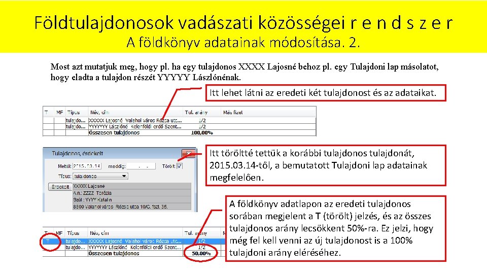 Földtulajdonosok vadászati közösségei r e n d s z e r A földkönyv adatainak