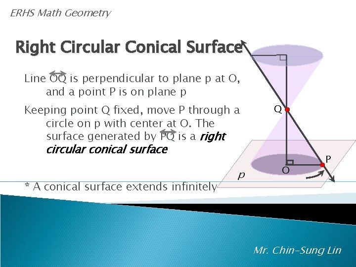 ERHS Math Geometry Right Circular Conical Surface Line OQ is perpendicular to plane p