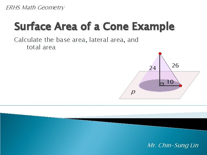 A ERHS Math Geometry Surface Area of a Cone Example Calculate the base area,