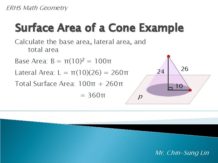 A ERHS Math Geometry Surface Area of a Cone Example Calculate the base area,