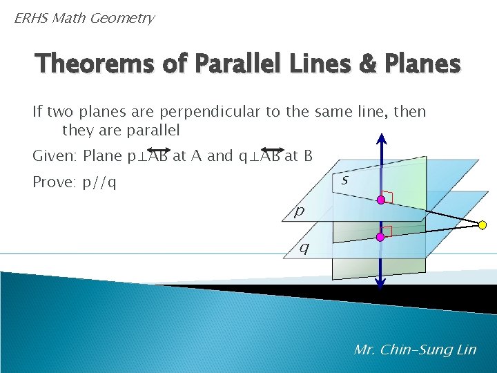 ERHS Math Geometry Theorems of Parallel Lines & Planes If two planes are perpendicular