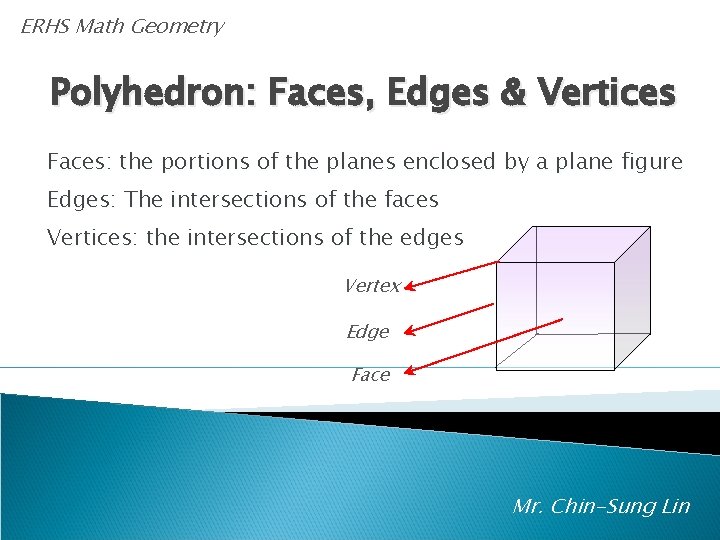 ERHS Math Geometry Polyhedron: Faces, Edges & Vertices Faces: the portions of the planes