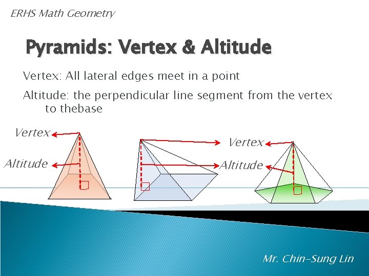 ERHS Math Geometry Pyramids: Vertex & Altitude Vertex: All lateral edges meet in a