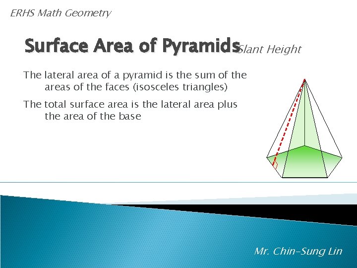 ERHS Math Geometry Surface Area of Pyramids. Slant Height The lateral area of a