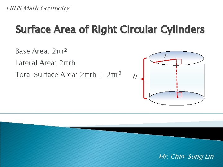 ERHS Math Geometry Surface Area of Right Circular Cylinders Base Area: 2πr 2 r