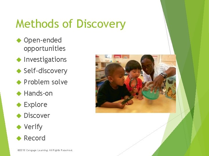 Methods of Discovery Open-ended opportunities Investigations Self-discovery Problem solve Hands-on Explore Discover Verify Record