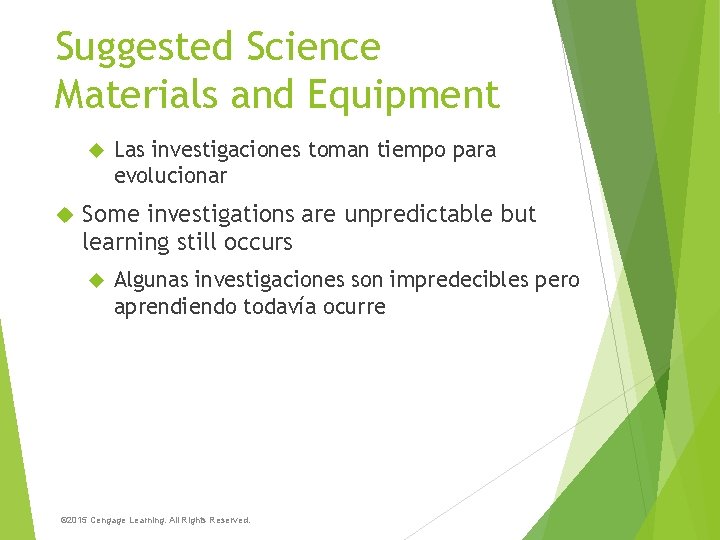 Suggested Science Materials and Equipment Las investigaciones toman tiempo para evolucionar Some investigations are