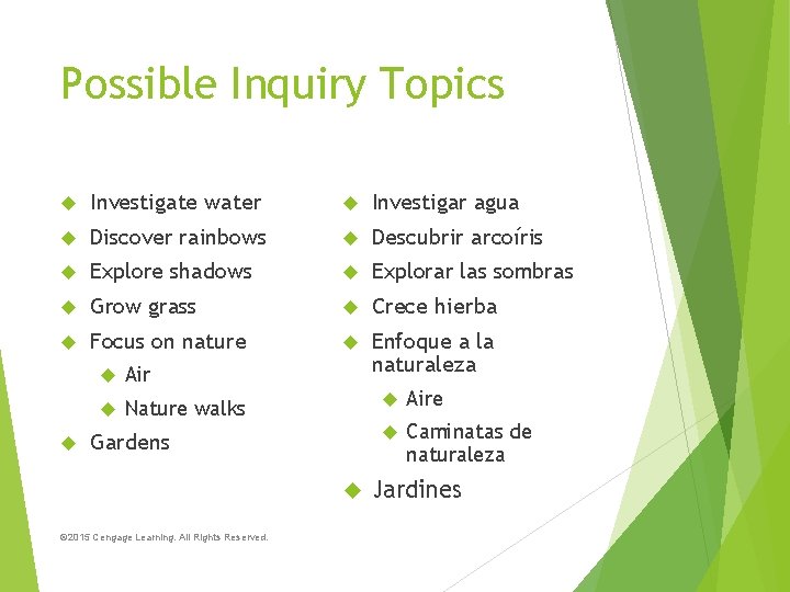 Possible Inquiry Topics Investigate water Investigar agua Discover rainbows Descubrir arcoíris Explore shadows Explorar