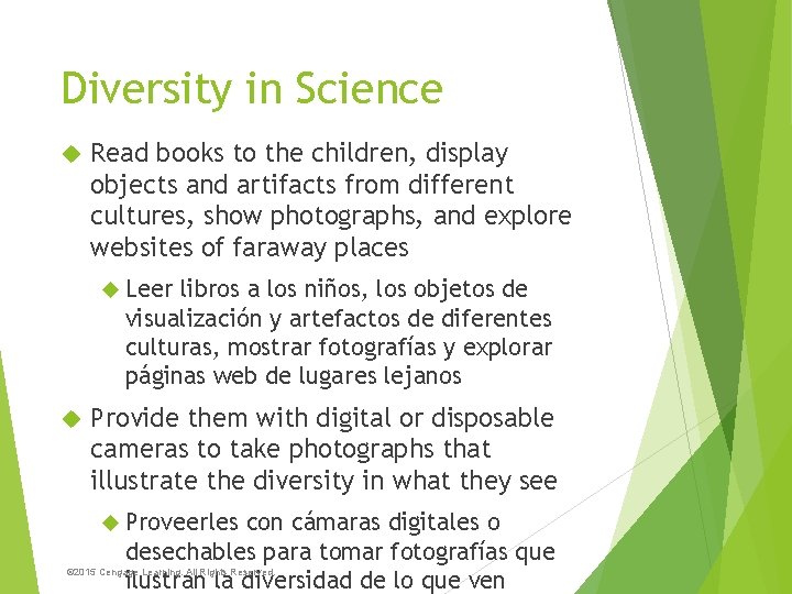 Diversity in Science Read books to the children, display objects and artifacts from different
