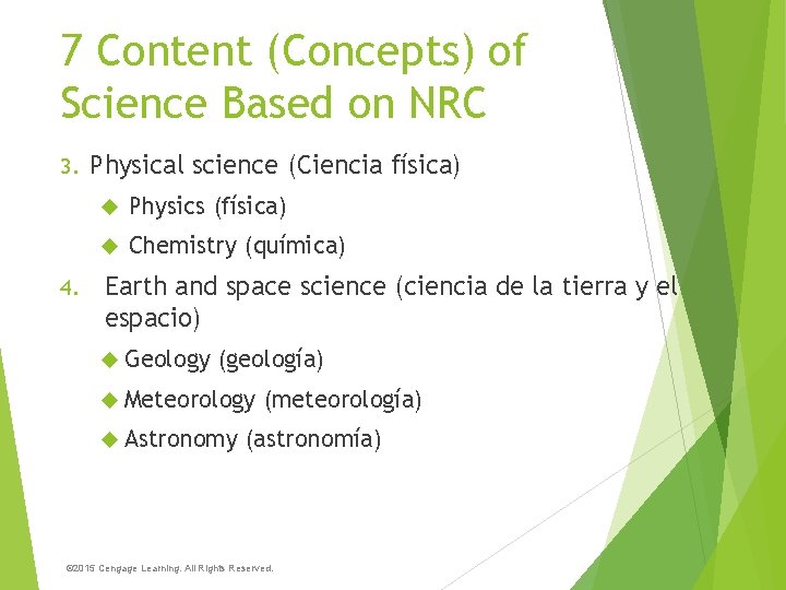 7 Content (Concepts) of Science Based on NRC 3. 4. Physical science (Ciencia física)