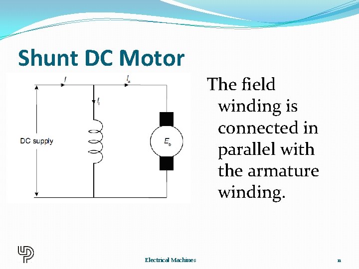 Shunt DC Motor The field winding is connected in parallel with the armature winding.