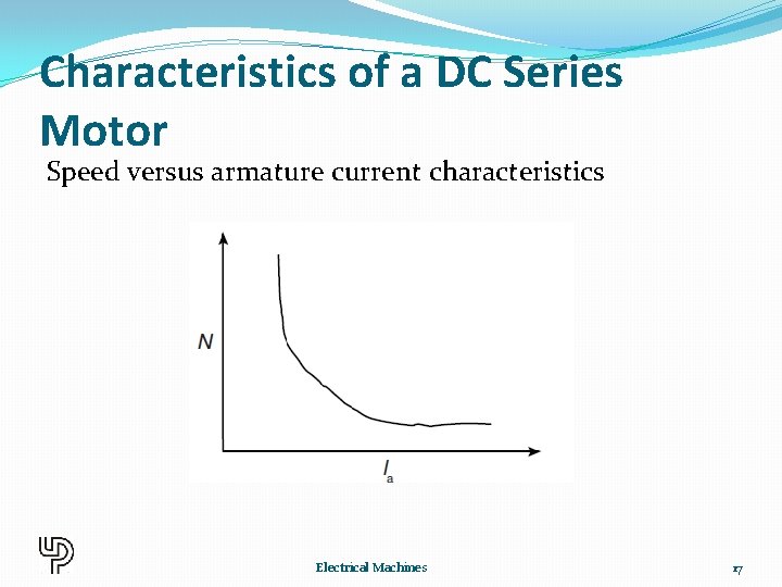 Characteristics of a DC Series Motor Speed versus armature current characteristics Electrical Machines 17