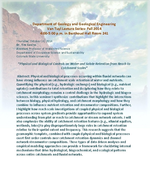 Department of Geology and Geological Engineering Van Tuyl Lecture Series- Fall 2014 4: 00