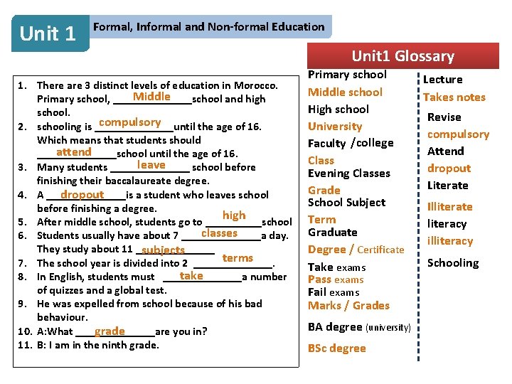 Unit 1 Formal, Informal and Non-formal Education 1. There are 3 distinct levels of