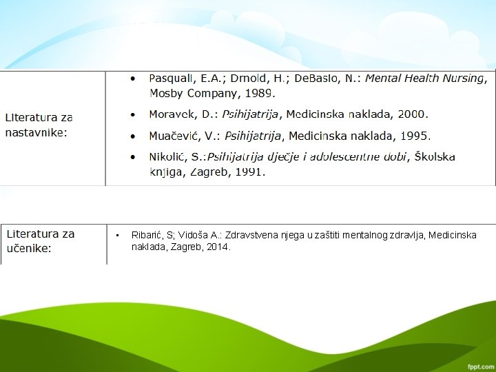  • Ribarić, S; Vidoša A. : Zdravstvena njega u zaštiti mentalnog zdravlja, Medicinska