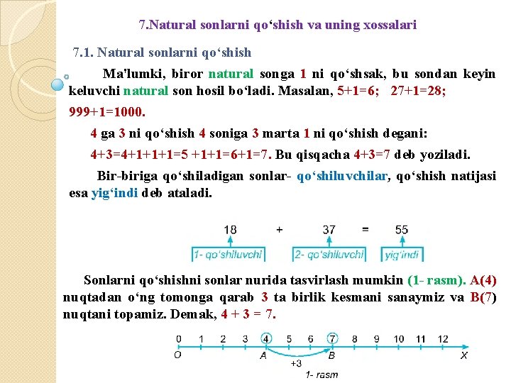 7. Natural sonlarni qo‘shish va uning xossalari 7. 1. Natural sonlarni qo‘shish Ma'lumki, biror