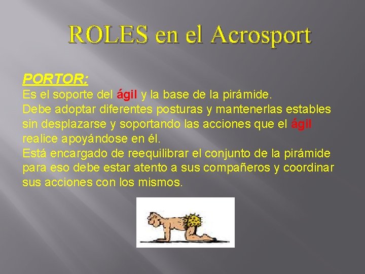 ROLES en el Acrosport PORTOR: Es el soporte del ágil y la base de