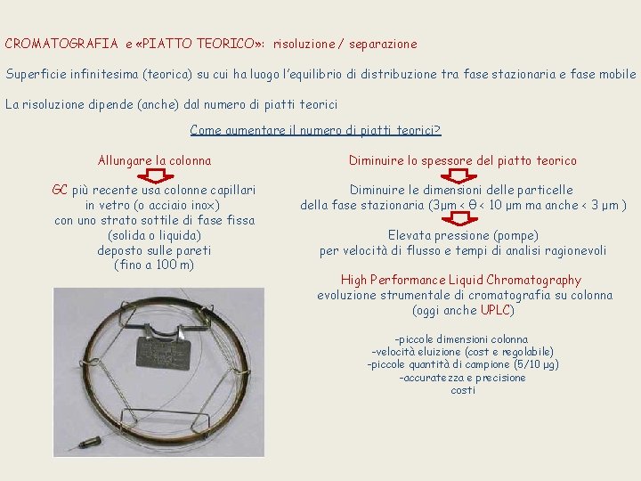 CROMATOGRAFIA e «PIATTO TEORICO» : risoluzione / separazione Superficie infinitesima (teorica) su cui ha