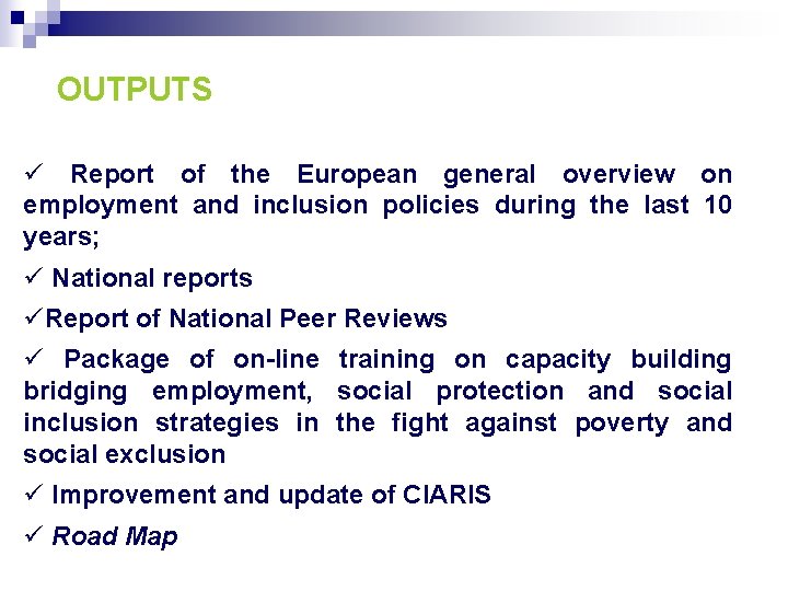 OUTPUTS ü Report of the European general overview on employment and inclusion policies during