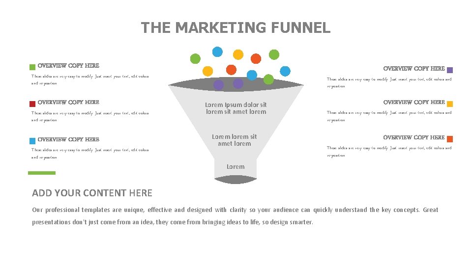 THE MARKETING FUNNEL OVERVIEW COPY HERE These slides are very easy to modify. Just