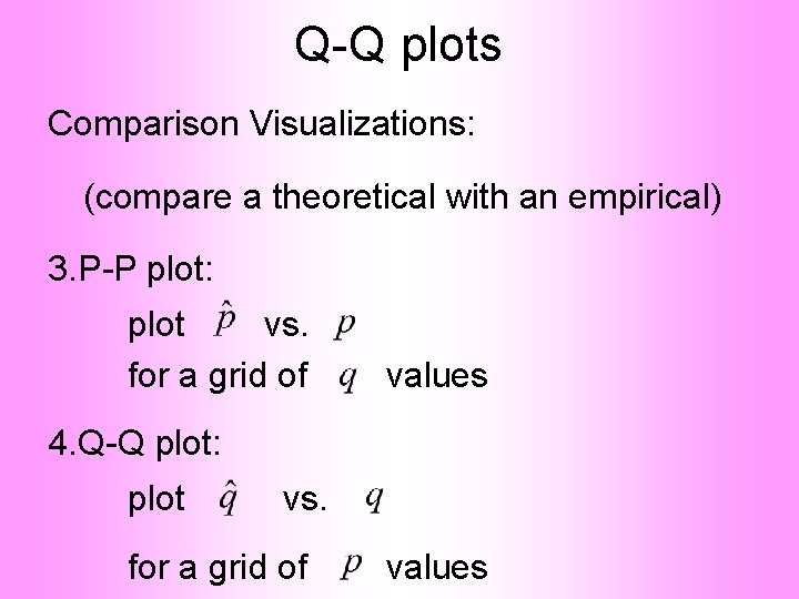 Q-Q plots Comparison Visualizations: (compare a theoretical with an empirical) 3. P-P plot: plot