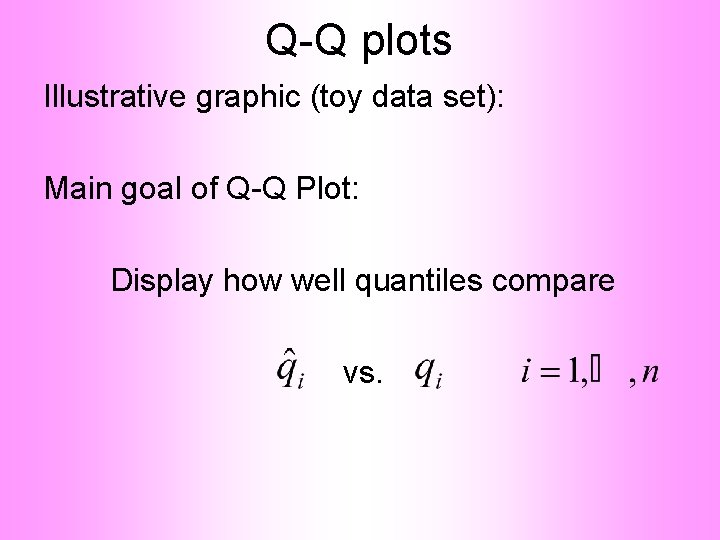 Q-Q plots Illustrative graphic (toy data set): Main goal of Q-Q Plot: Display how