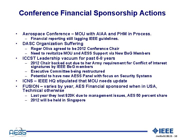 Conference Financial Sponsorship Actions • Aerospace Conference – MOU with AIAA and PHM in