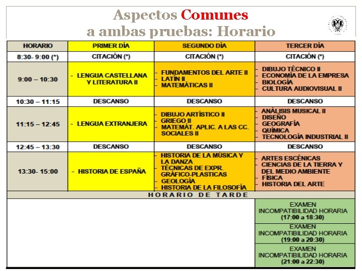 Aspectos Comunes a ambas pruebas: Horario 