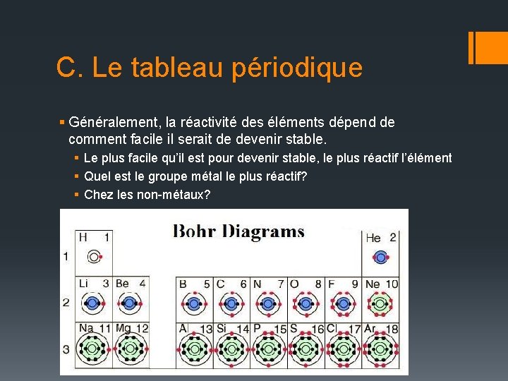 C. Le tableau périodique § Généralement, la réactivité des éléments dépend de comment facile