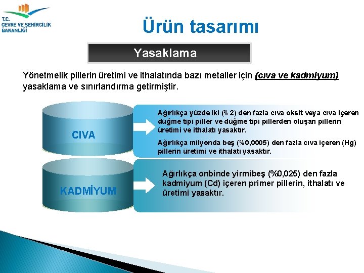 Ürün tasarımı Yasaklama Yönetmelik pillerin üretimi ve ithalatında bazı metaller için (cıva ve kadmiyum)